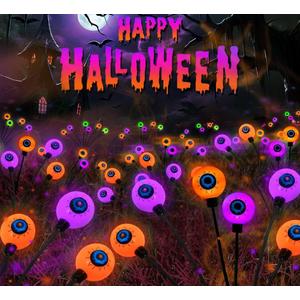 6 Pack Halloween Decorations Outdoor Solar Eyeball Lights, Purple and Orange Scary Eyeball Swaying Firefly Lights with 2 Modes, Waterproof Halloween Pathway Lights for Yard Garden Lawn Party Decor