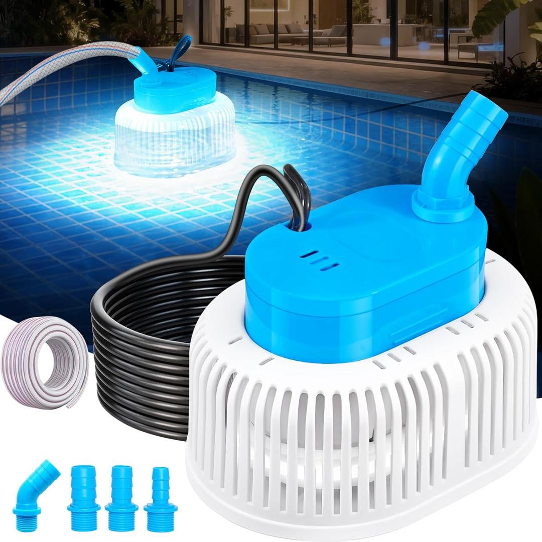Upgraded Pool Cover Pump Above Ground - Submersible Water Sump Pump with LED Lights, Pool Cover Water Removal Pumps for Pool Draining with 16FT Drainage Hose & 25FT Power Cord, 850 GPH, 4 Adapters