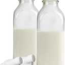The Dairy Shoppe 1 Ltr. (33.8 oz.) Glass Milk Bottle Vintage Style with Cap & NEW Silicone Pour Spouts! (2 Pack)