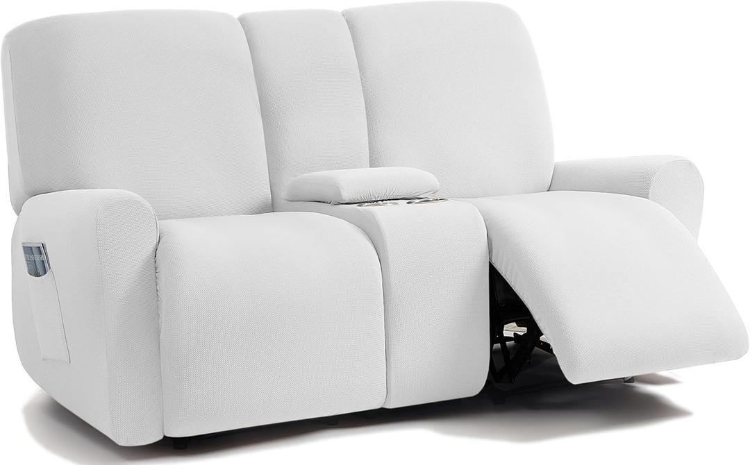 ULTICOR Jacquard Design Reclining Loveseat with Middle Console Slipcover, 8-Piece Stretch Sofa Covers, 2 seat Loveseat Recliner Cover, Washable (Ivory, Loveseat with Console Recliner Cover)