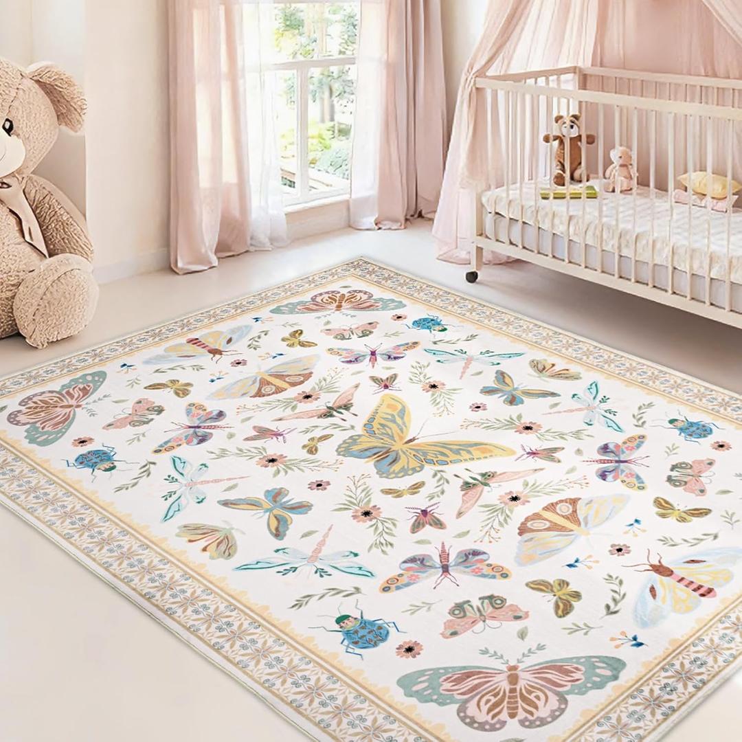 BLEUM CADE 5' x 7' Beige Butterfly Insect Rugs for Bedroom, Washable Low Pile Non-Slip Area Rug for Living Room Dining Room Kitchen Nursery Office Playroom