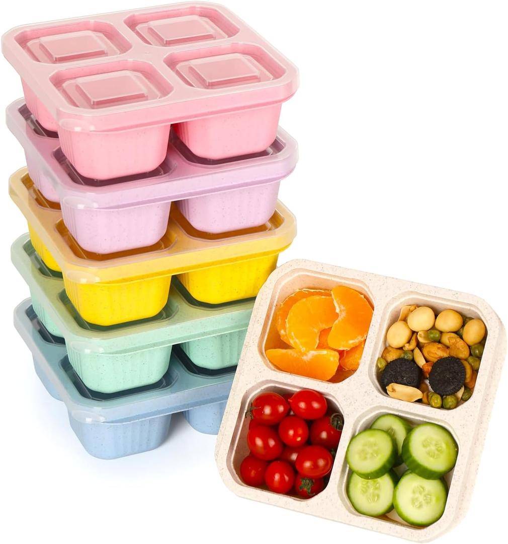 6 Pack Bento Box, 4 Compartment Lunchable Snack Containers with Lids for Meal Prep, School, Travel, Reusable Divided Lunch Food Container for Adults, Kids, Toddlers