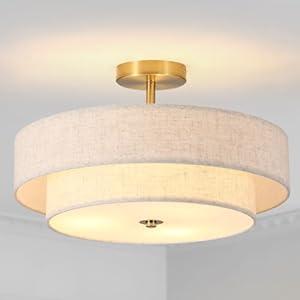 17.71" Semi Flush Mount Ceiling Light Fixture , 3-Light Gold Light Fixtures , Modern Close to Ceiling Light with 2-Layer Fabric Linen Shade, Farmhouse Drum Ceiling Light for Bedroom, Hallway, Living Room