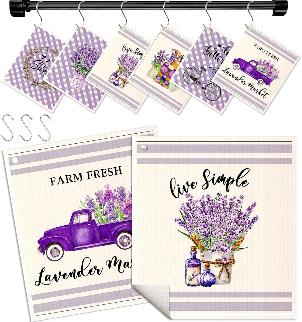 Kitchen Swedish Dishcloths with Hooks - 6 Pack Reusable Dish Cloths for Washing Dishes Fast Drying Cute Fun Swedish Dish Towels Washable Cleaning Sponge, Bicycle Lavender