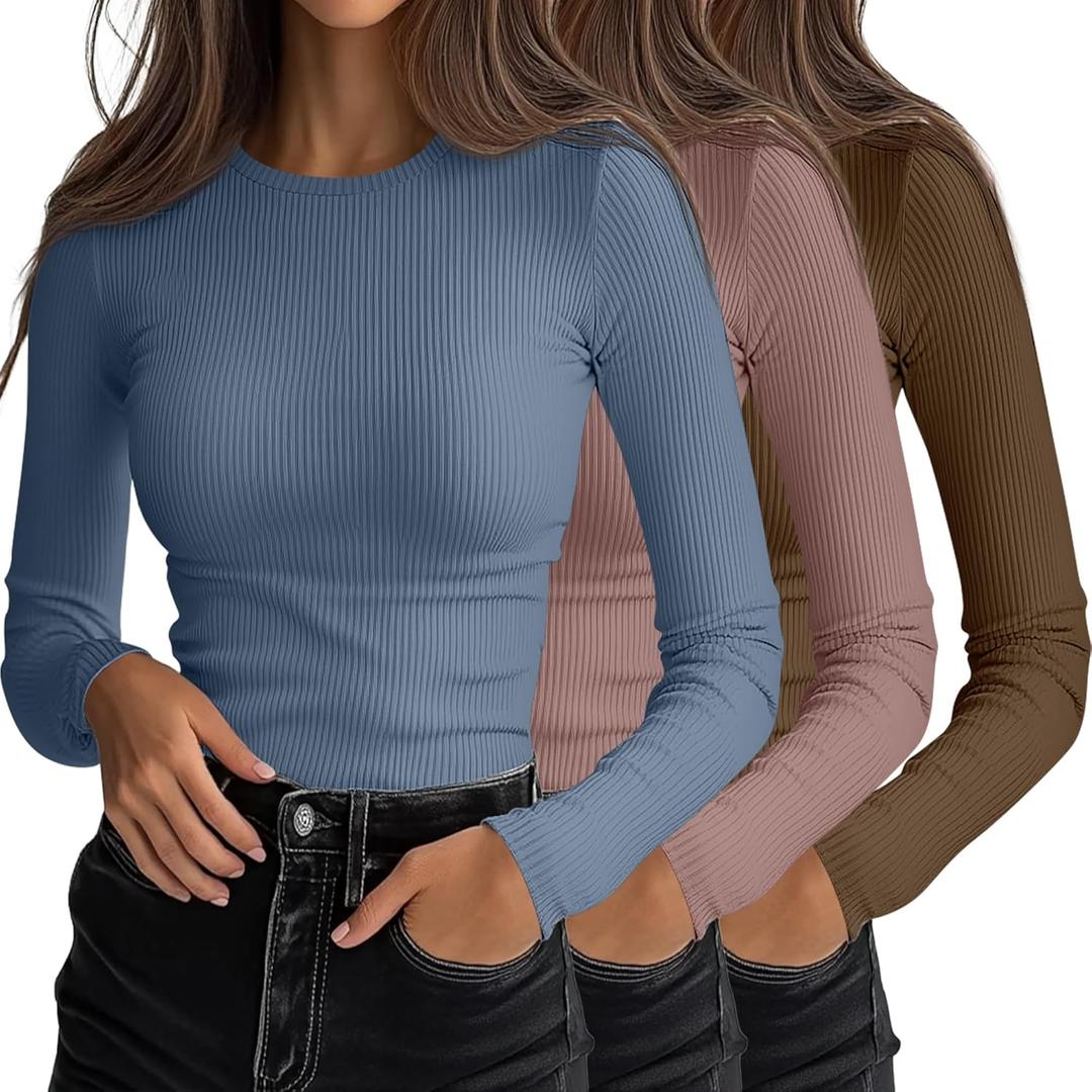 Ficerd 3 Pack Women's Ribbed Long Sleeve Tops, Crew Neck Slim Fit Undershirts Knit Basic Casual Stretch Layering Tee Shirts (Medium, Light Haze Blue, Red Bean Paste, Cold Brown)
