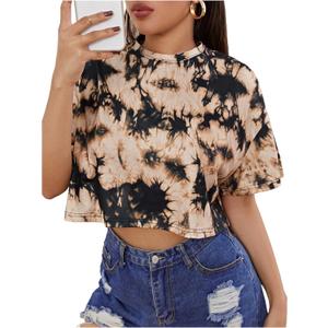 Women's Tie Dye Crop Tops Short Sleeve Crew Neck Cropped T Shirts Streetwear (S)