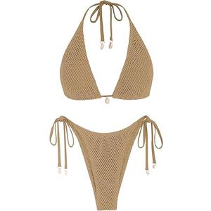 ZAFUL Women's Triangle Bikini Multiway Fishnet Tie Side Bandeau Halter String Bikini Set Two Piece Swimsuit Bathing Suits S