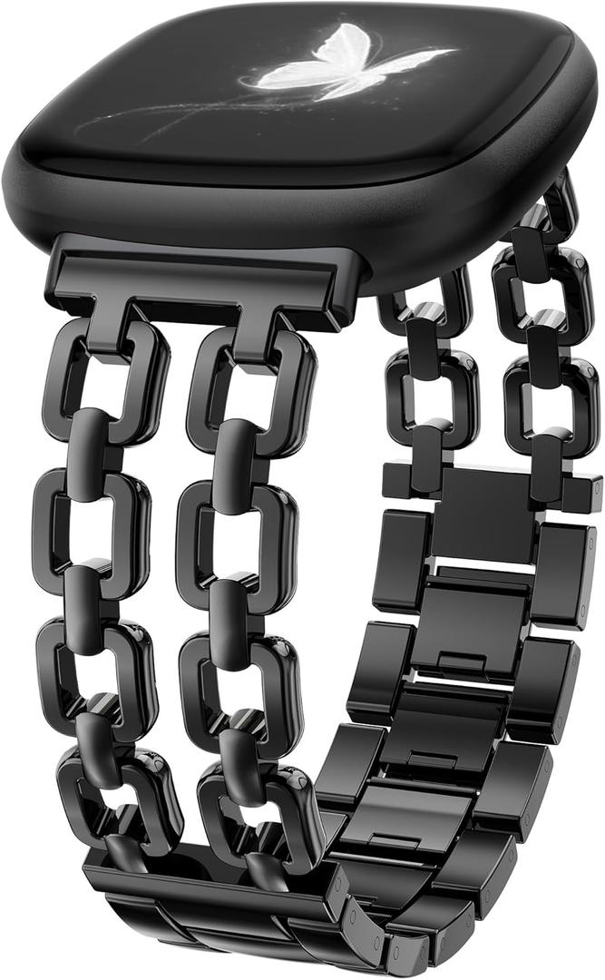 Wearlizer Metal Band Compatible with Fitbit Versa 4 Bands for Women/Versa 3/Sense 2/Sense Bands Women, Dressy Chain Strap Designer Stainless Steel Bracelet Wristband (Black)