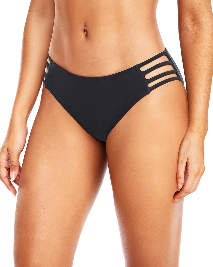 Tempt Me Women Strappy Bikini Bottom Full Coverage Bathing Suit Bottoms Swimsuit Bottom (Small, Black)