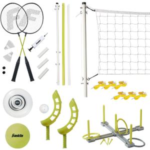 Franklin Sports Fun 5 Combo Outdoor Game Set - Backyard, Beach + Camping Games for Kids - Badminton, Volleyball, Flip Toss, Flying Disc - Horseshoes or Ring Toss