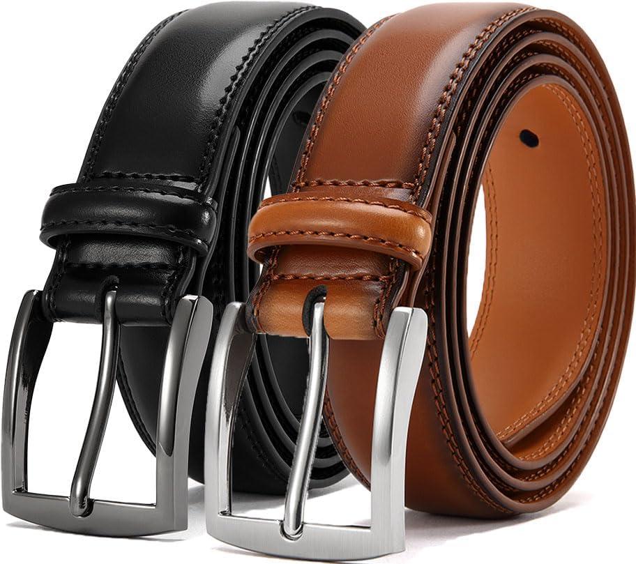 DOOPAI Men's Genuine Leather Dress Belt 2Pack - Handmade Classic Casual and Business Belt, 100% Cow Leather Prong Buckle,