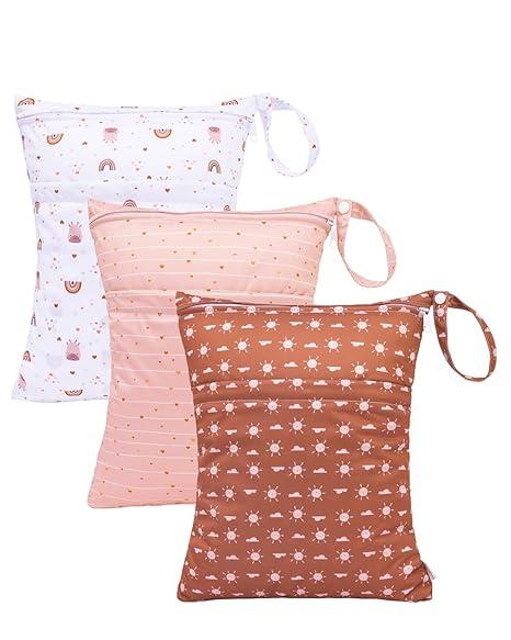 babygoal Wet Dry Bags for Baby Cloth Diapers, Washable Travel Bags, Beach, Pool, Gym Bag for Swimsuits & Wet Clothes with Two Zippered Pockets 3 Pack 3LN08