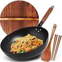 Carbon Steel Wok Pan, 5 Piece Authentic Chinese Wok & Stir-Fry Pans Set with Wooden Lid, No Chemical Coated Flat Bottom Chinese Woks Pan for All Stoves-13