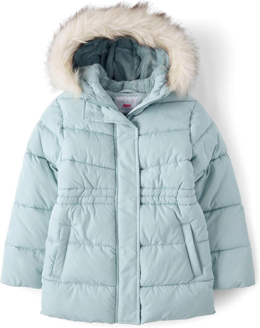 The Children's Place Girls' Water and Wind Resistant Hooded Zip Front Mid Length Puffer Jacket, Faux Fur Lined (Frosty, XXL)
