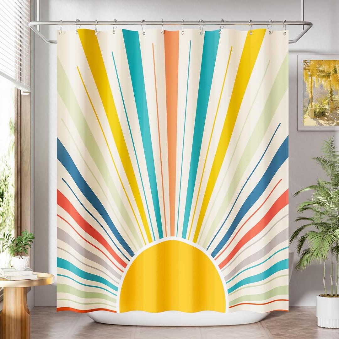 AmazerBath Shower Curtain, Washable Cloth Shower Curtain Sets with 12 Shower Curtain Hooks, Luxury Colorful Sunshine Yellow Waterproof Rustic Fabric Shower Curtains for Bathroom Decor, 72x72 Inches