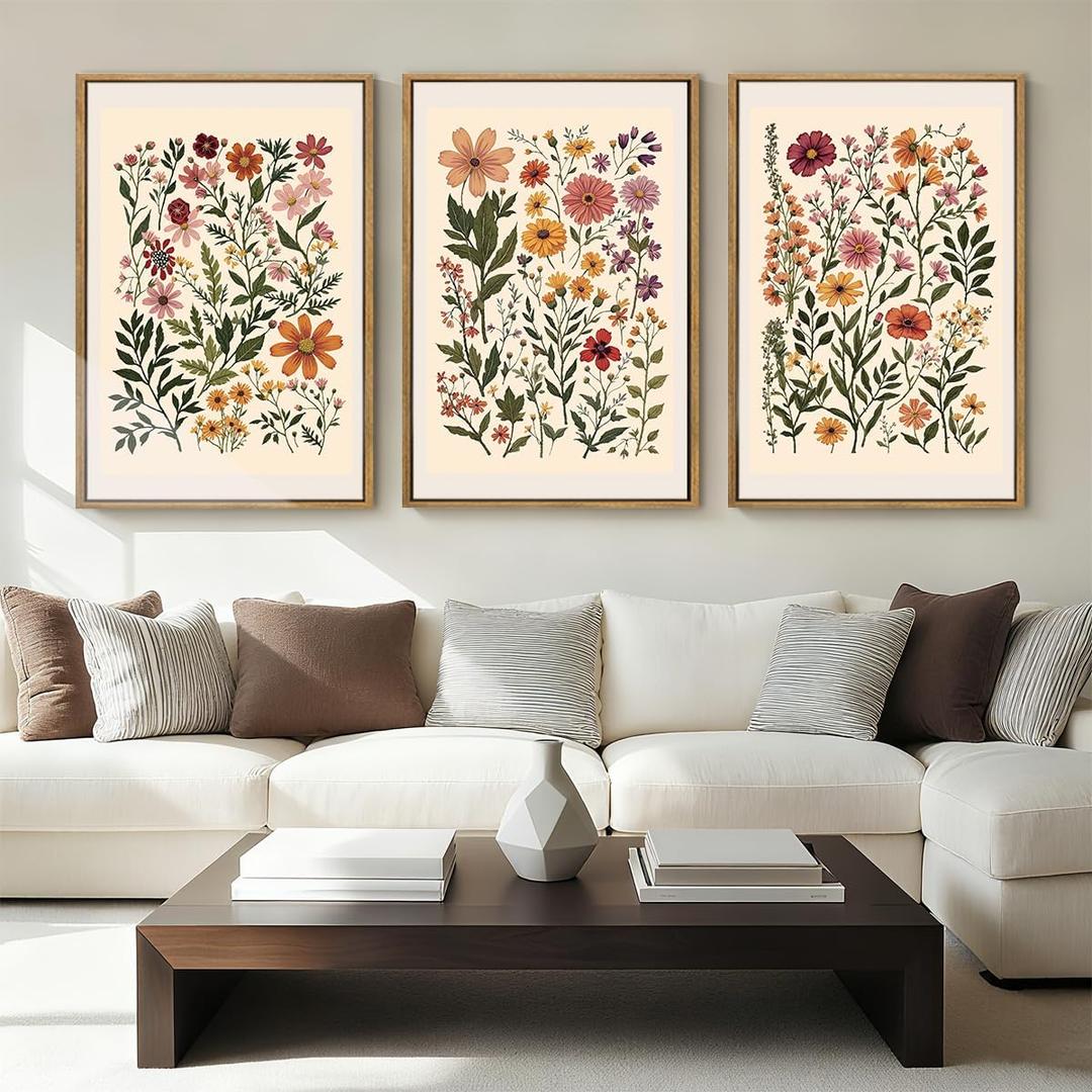BINCUE Neutral Framed Wildflower Wall Art Set of 3 Colorful Floral Wall Decor Vintage Flower Art Prints Set of 3 for Living Room Bedroom Bathroom 16x24 Inches