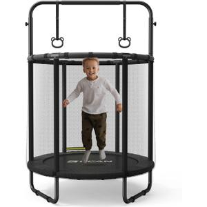 BCAN 60''/55" Mini Trampoline for Ages 1 to 8 Kid, 5FT Toddler Trampoline - Indoor/Outdoor Use with Enclosure Net, Adjustable Gymnastics Bars, Basketball Hoop, Gifts for Boys & Girls (55IN, 55-BLACK)