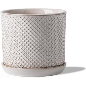 5.8 Inch Plant Pot: Ceramic Planter with Drainage Hole & Saucer for Indoor Outdoor Plants - Flowerpot with Bonded Tray for Home Office - Beaded Embossed Style, Cream White