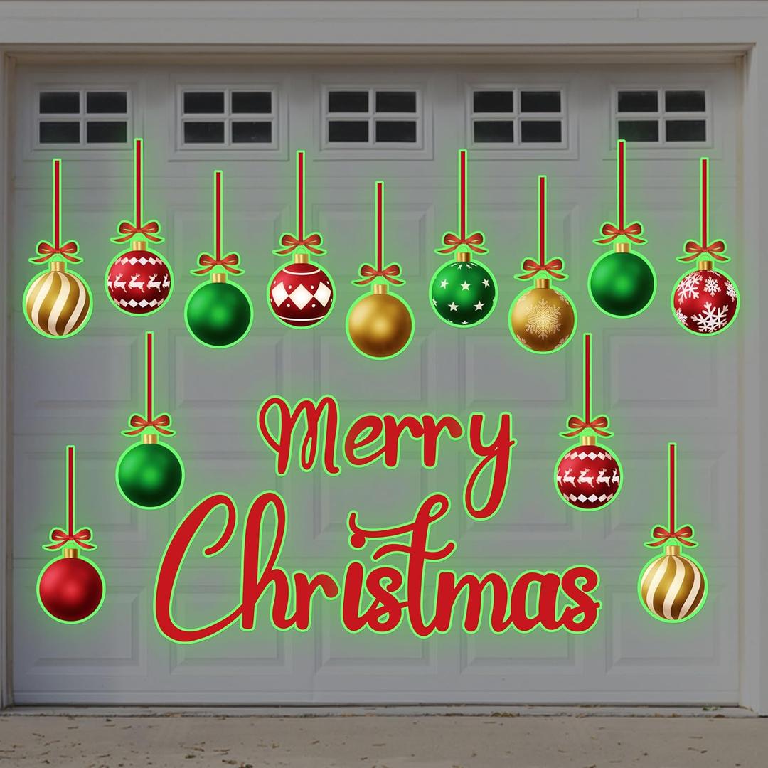 31PCS Christmas Garage Door Decorations Glow in The Dark Magnets - Magnetic Merry Xmas Ball Holiday Refrigerator Fridge Cruise Kitchen Decor(Red Green Gold)