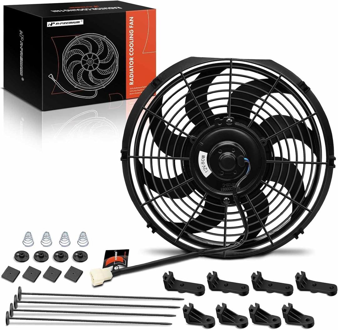 A-Premium 12'' 12 inch Slim Fan Pull Universal Electric Radiator Cooling Fan Assembly, 12V 80W with Mount Kit Black