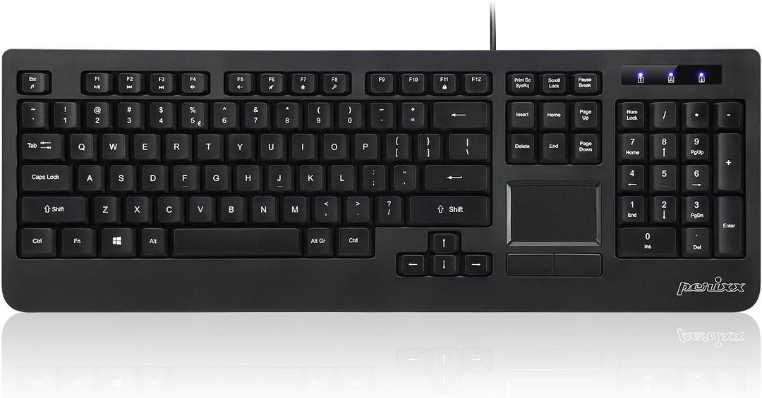 Perixx PERIBOARD-513II Wired USB Keyboard with Touchpad, Membrane Key Trackpad Keyboard with 10 Hot Keys, Black, Full US Layout