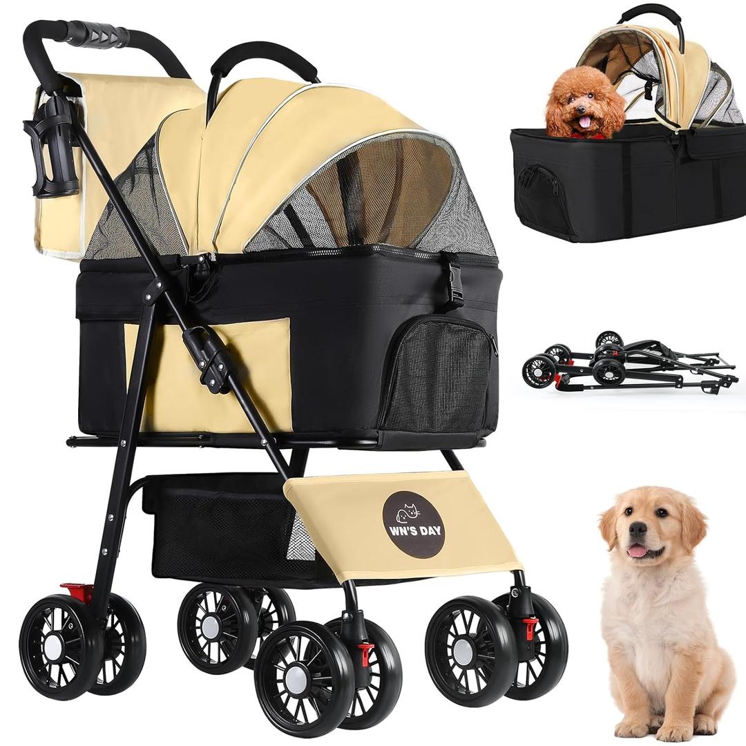 3 in 1 Pet Dog Stroller for Small Medium Dogs 10-50 lbs, Foldable Cat-Strollers for 2-Cats with Removable Carrier, Pet-Strollers for Cats with Storage Bag, Small Puppy-Stroller, Dog-Cart (Brown)