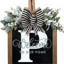 Last Name Year Round Front Door Wreath Front Porch Decoration 26 Letter Welcome Sign with Eucalyptus Garland and Bow Spring Wreaths for Front Door Outside Hanger Garland（P）