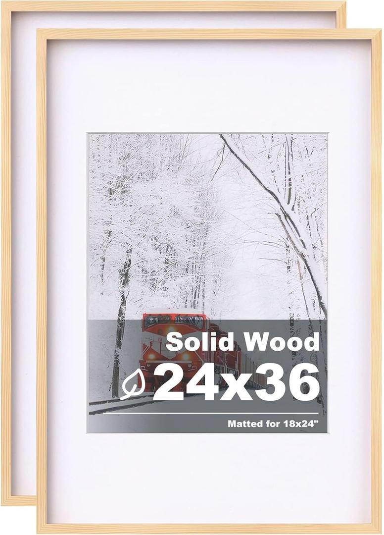 Egofine 24x36 Poster Frame Set of 2 Solid Wood Frame with Plexiglass Matted for 18x24 for Wall Mounting Hanging Picture Frame Vertically or Horizontally, Natural Wood