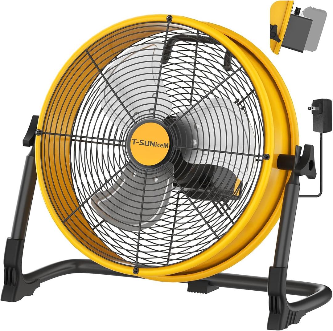 12" Battery Operated Floor Fan Compatible with Dewalt 20V Max Battery, Portable Fan with AC Adapter and USB Output, Metal Industrial High Velocity, Stepless Speed Cordless Fan for Jobsite Garage