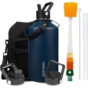 Insulated Water Bottle 128oz,Triple Wall Vacuum Stainless Steel(Dishwasher Safe),Leak Proof & Non-BPA,Flask Jug with Paracord Handle & Straw Spout Lids Sports Navy Blue