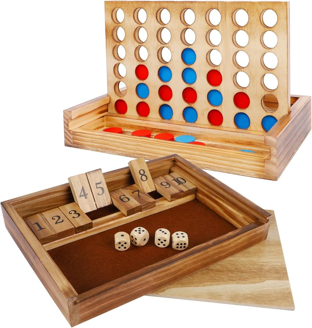 Glintoper Shut The Box & 4 in a Row Tables Game Set, Classic Wood Dice Game with Numbers & Line Up 4 Game for Kids Family, Living Room Rustic Coffee Table Decor, Travel Game Strategy Board Games