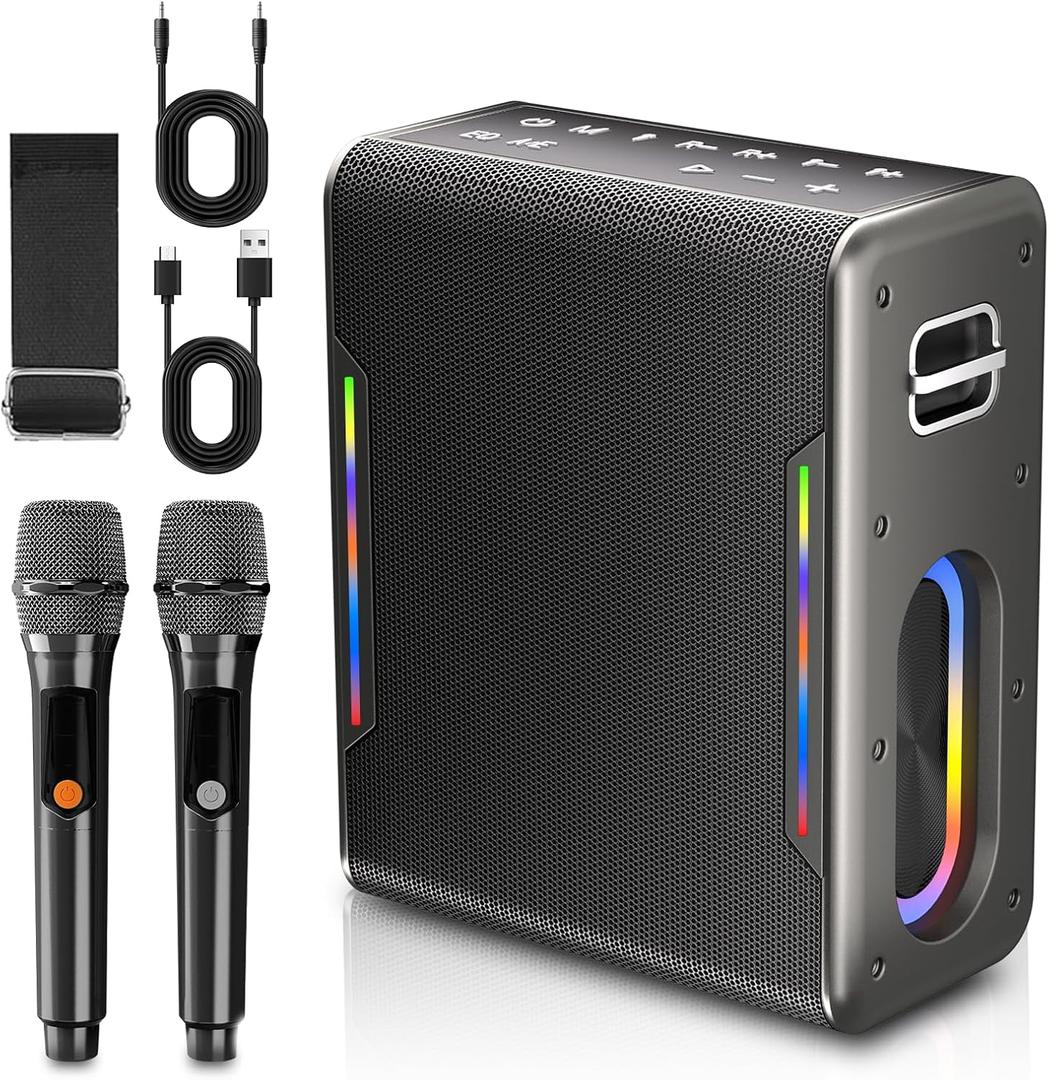 Karaoke Machine with Two Wireless Microphones, Powerful Portable Bluetooth Speaker for Adults & Kids, PA System with 2 Voice Mode, LED Lights, Supports BT/TWS/AUX/USB/TF for Party (Black)