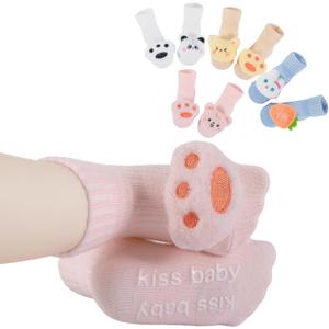 Toddler Grip Socks, 4-Pairs Baby Non-Slip Socks with Floral Designs for Girls and Boys