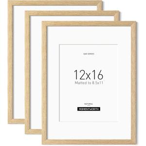 12x16 Frame with Mat for 8.5x11 Set of 3, Natural Solid Oak Wood 12x16 Picture Frame, Lightweight for Wall Mounting(3 Pack,Oak)