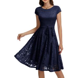 MUADRESS Women Cap-Sleeve Lace Floral Elegant Cocktail Dress Crew Neck Knee Length Bridesmaid Prom Dresses for Party Navy Small