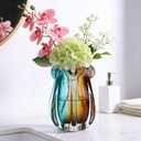 Hand Blown Glass Vase, Murano-Style Colorful Art Glass Centerpiece, Heavy Large Wide Mouth Ruffle Rim, Teal Turquoise and Amber, and Wedding Decorations Living Room Decor (7.48in)