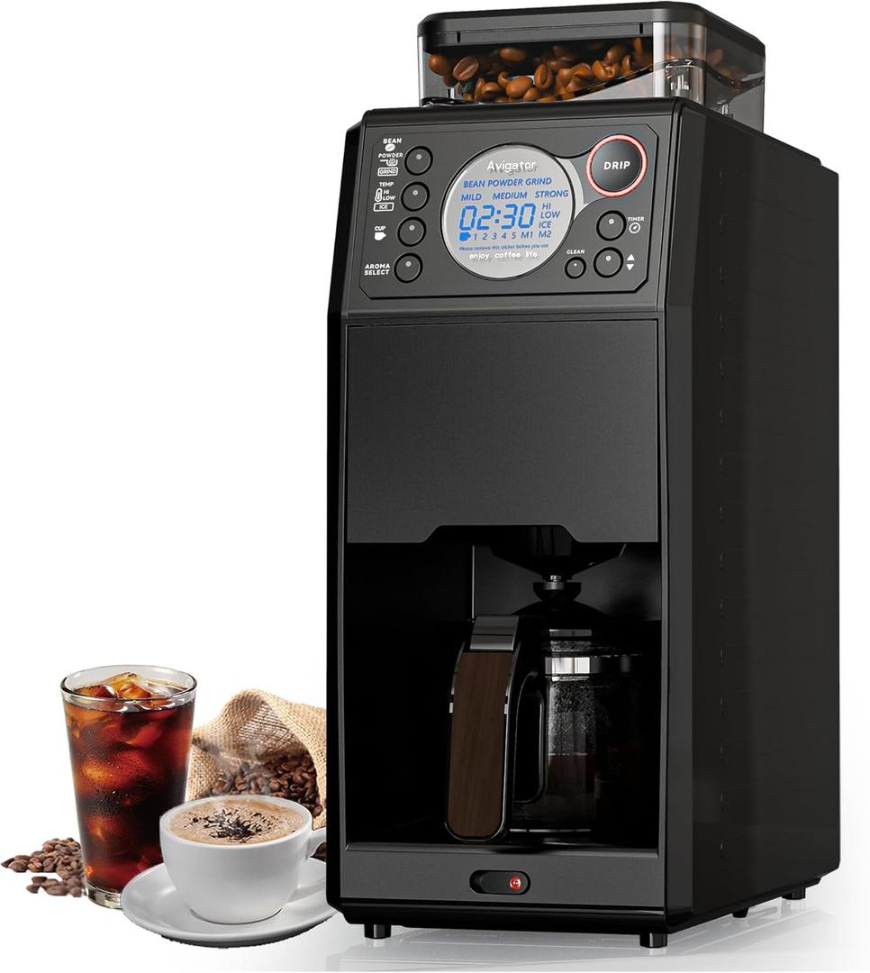 Coffee Maker with Grinder, 24H Timer Programmable 5 Cup Hot and Iced Coffee Machine Features Removable Reservoir Glass Carafe for Home and Office, Black