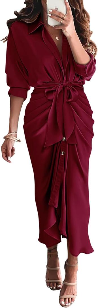 BTFBM Maxi Dresses for Women Summer Fall 2025 Long Sleeve Lapel Neck Button Down Elegant Satin Belted Ruched Shirt Dress (Large, Dark Wine Red)