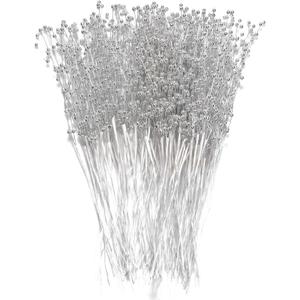 60 Pieces Pearl Stick Stems Bouquets, 4mm Bead String Garland Beaded Spray Filler Floral Arrangements Tree Picks Wedding Party Decoration, Christmas Decorations, Christmas Tree Picks (Silver)