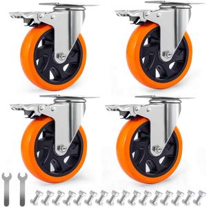 D&L 5 Inch Swivel Casters Wheels 1500lbs Heavy Duty Castors with Brake Polyurethane Dual Locking Casters Set of 4 Orange DL-I5-001