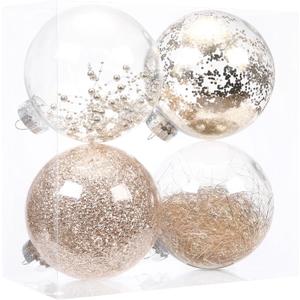 Sea Team 4-Pack Shatterproof Clear Plastic Christmas Tree Ball Ornaments Set, Extra Large Hanging Baubles with Tinsel Decorations for Xmas Tree, Wreath, Garland, 150mm/5.91 Inches, Champagne