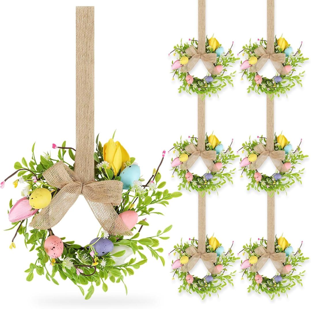 6 Pcs 9" Small Easter Wreaths for Kitchen Cabinet, Mini Spring Artificial Easter Egg Wreath Floral Decorations with Rustic Bow for Window, Front Door, Table Centerpiece Decor