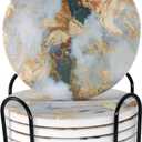 White Marble Ceramic Coasters with Holder Absorbent Drink Coaster Set Outdoor Round Abstract Cute Table Decorative Coffee Cup Beverage Fun Beer Bar Gold Housewarming 6 Pack