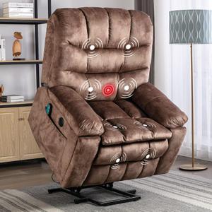 CANMOV Large Power Lift Recliner Chairs with Massage and Heat for Elderly, Heavy Duty and Safety Motion Reclining Mechanism Electric Wide Recliners with USB Ports, 2 Hidden Cup Holders,Brown