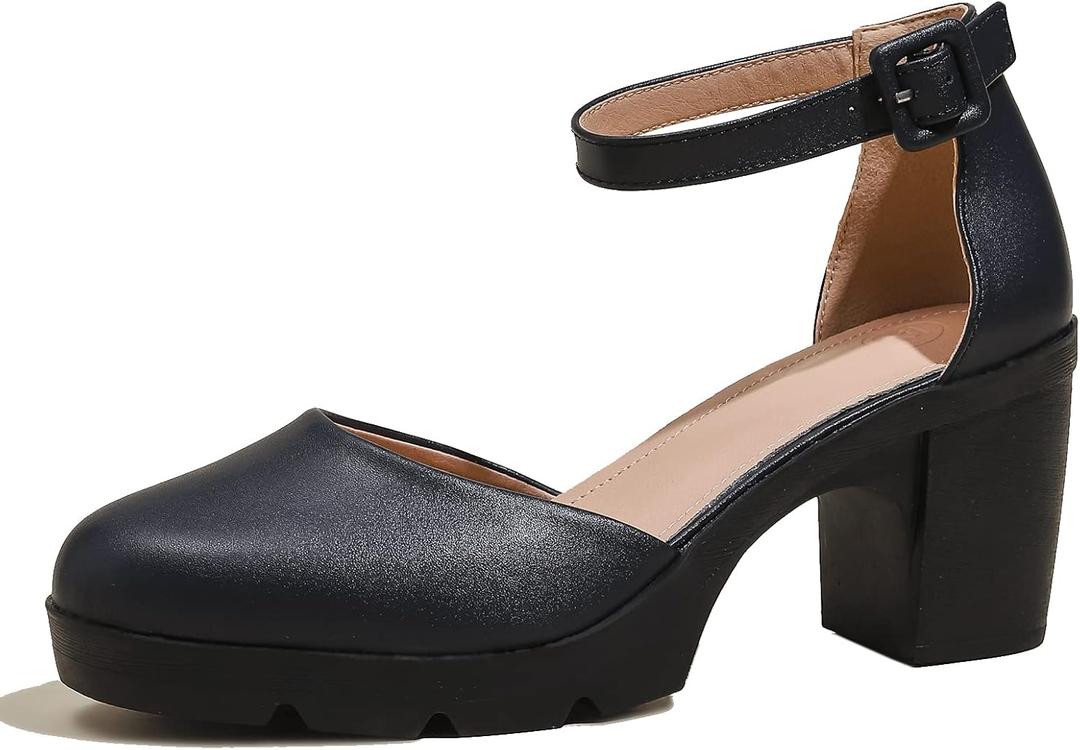 DADAWEN Women's Closed Toe Low Block Chunky Heels Round Toe Ankle Strap Wedding Work Dress Pump Shoes Navy US Size 8.5