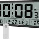 WallarGe Atomic Clock with Indoor Outdoor Temperature - Easy to Read - Self Setting, 14.5'' Jumbo Auto Set Digital Wall Clock Battery Operated