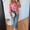 PRETTYGARDEN Women's Floral Blouses Dressy Casual V Neck Button Down Shirts Lantern Long Sleeve Boho Chiffon Fall Tops 2026 (Pink, L)