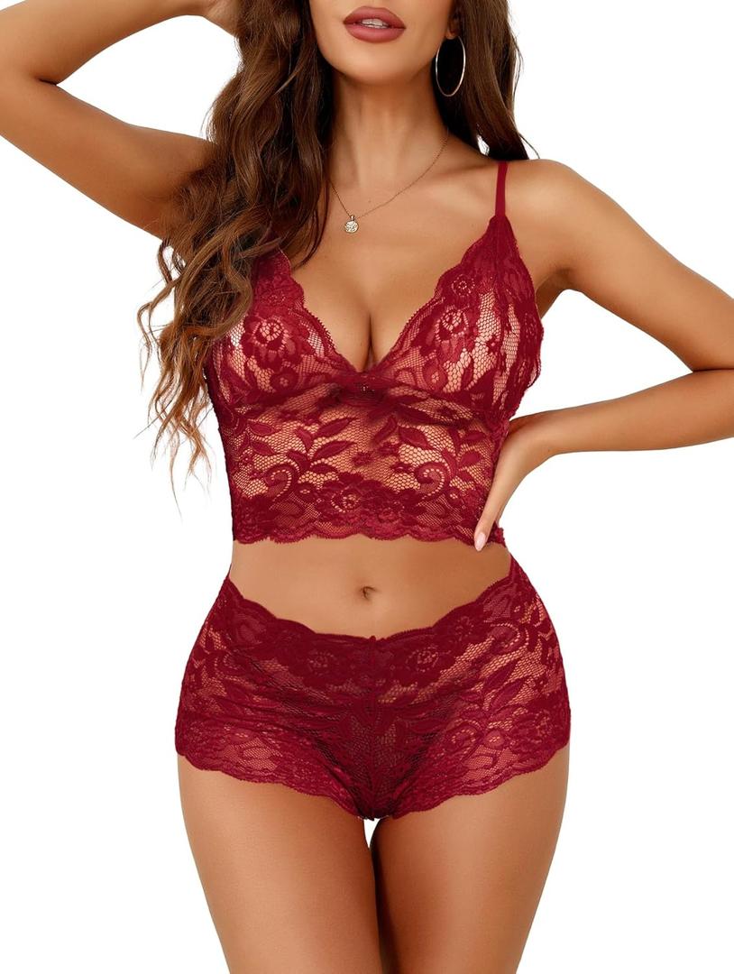 Lilosy Sexy Sheer Floral Lace Pajamas Lingerie Set High Waist Sleepwear Bra and Panty 2 Piece Nightwear (Burgundy Red) XS