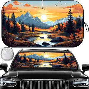 Car Windshield Sun Shade, Upgraded UV Reflective Windshield Sun Shade Foldable Universal Fit with Storage Bag for Cars SUVs Trucks Sedans Hatchbacks (Mountain View)