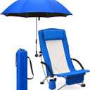 Colingmill 2 Pcs Low Beach Chair with Umbrella Camping Chair Backpack Folding Recliner Mesh Back with Headrest Cup Holder Carry Bag for Summer Tent Picnics Outdoor Travel Barbecues (Ocean Blue)